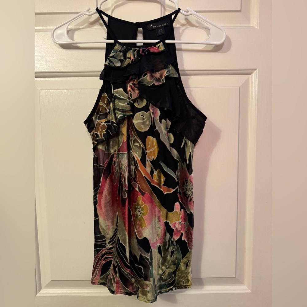 TWENTY ONE Silk Blend Ruffle Floral High Neck Black Pink Green Satin Top Small